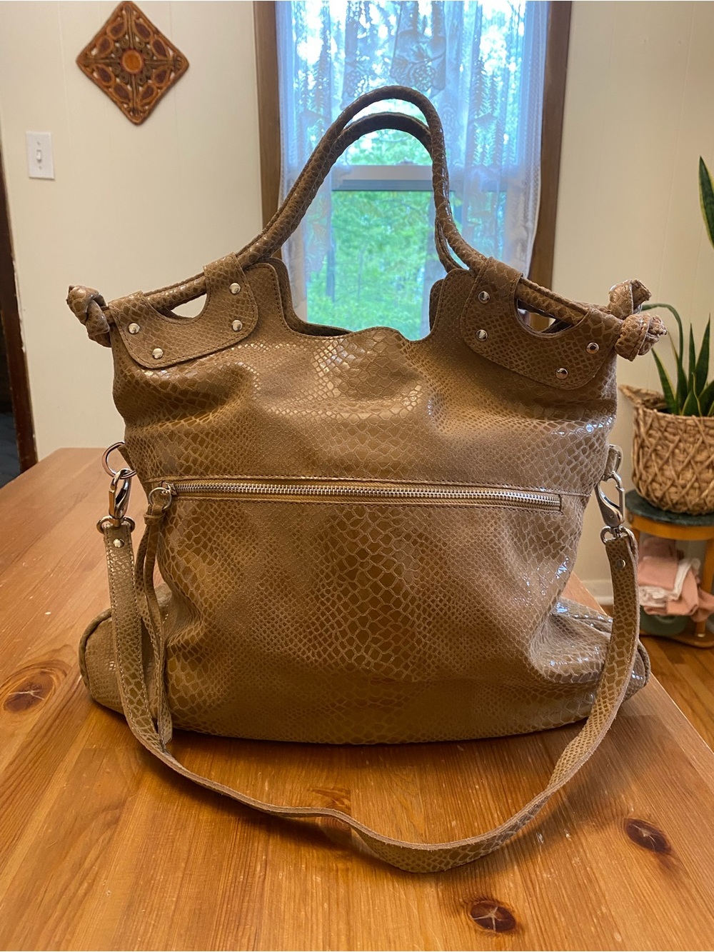 Pietro Alessandro Beige Tan Snakeskin-Textured Leather Tote